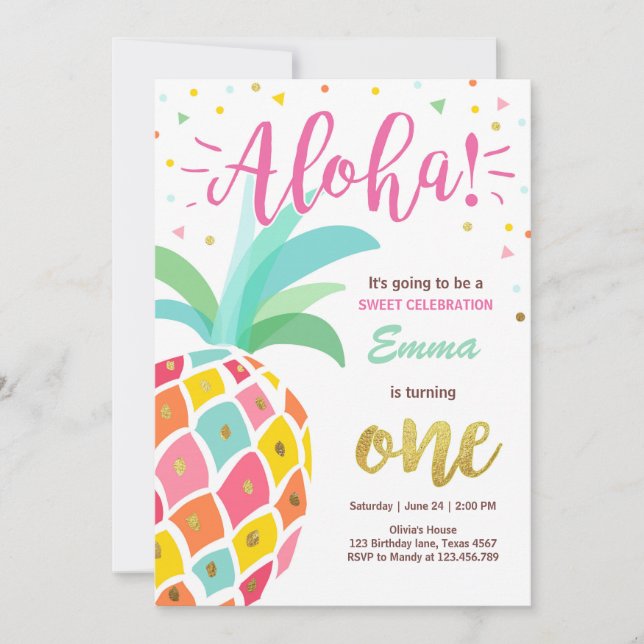 Ananasfödelsedaginbjudan tropiska Luau Hawaii Inbjudningar (Framsida)