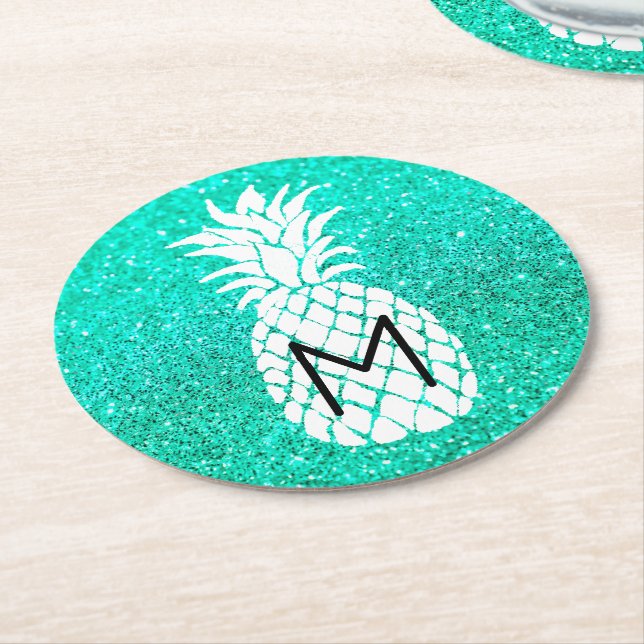 Ananasmonogram på faux teal glitter underlägg papper rund (Vinklad)