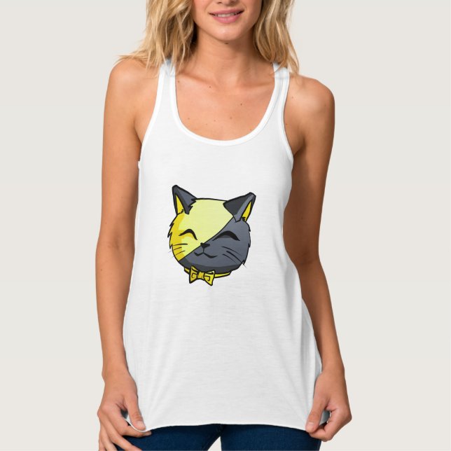 Anarkitty Tank - AnCat Black and Gult Cat Tee Linne Med Racerback (Framsida)