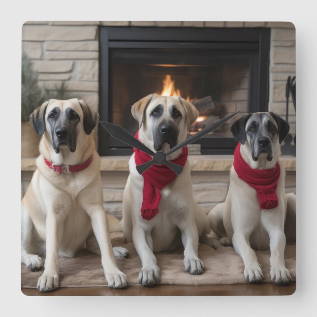Anatolian Shepherd vid julen i Fireplace Fyrkantig Klocka (Framsida)