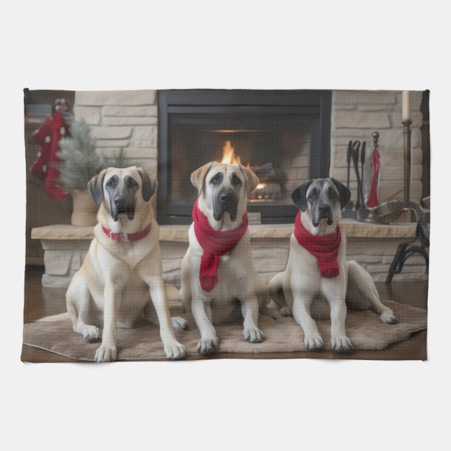 Anatolian Shepherd vid julen i Fireplace Kökshandduk (Horisontell)