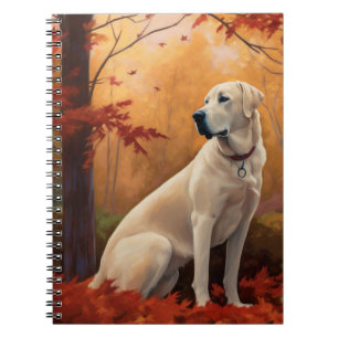 Anatolisk herdehund i höstlöv faller inspirerar anteckningsbok