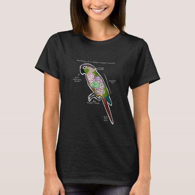 Anatomi hos en Grönt Cheek Conure Funny Parrot T Shirt (Framsida)
