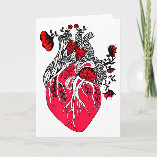 Anatomiskt hjärta blommar röda blommor Valentines  Kort (Framsida)