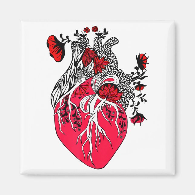 Anatomiskt hjärta blommar röda blommor Valentines  Magnet (Framsidan)