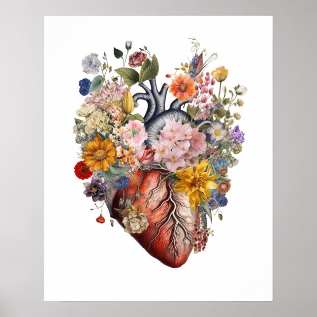 Anatomiskt hjärta med blommor Art #2BFE2 Poster (Framsidan)