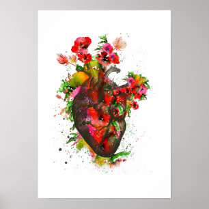Anatomiskt hjärta med blommor, blommigt hjärta poster
