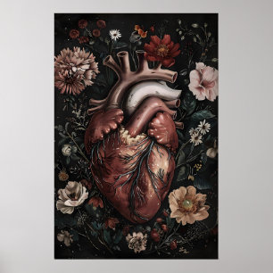 Anatomiskt hjärta med blommor tryck, vintage poster