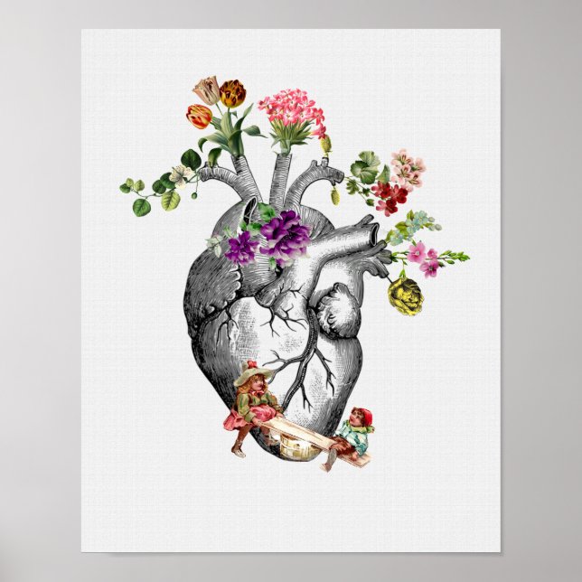 Anatomiskt hjärta och blommor Anatomiskt hjärtprin Poster (Framsidan)