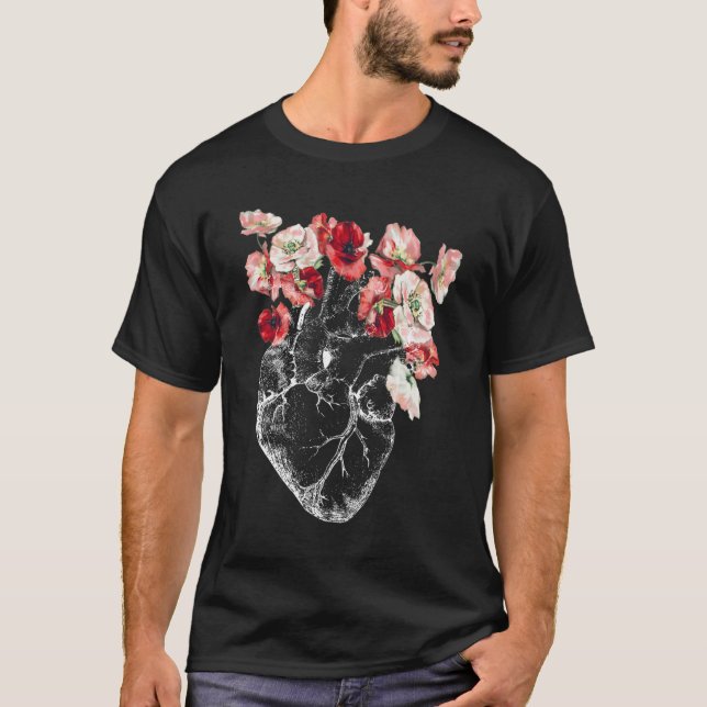 Anatomiskt hjärta och blommor t shirt (Framsida)