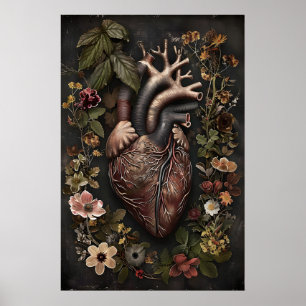 Anatomiskt hjärta och blommor tryck, Mörk akademi Poster