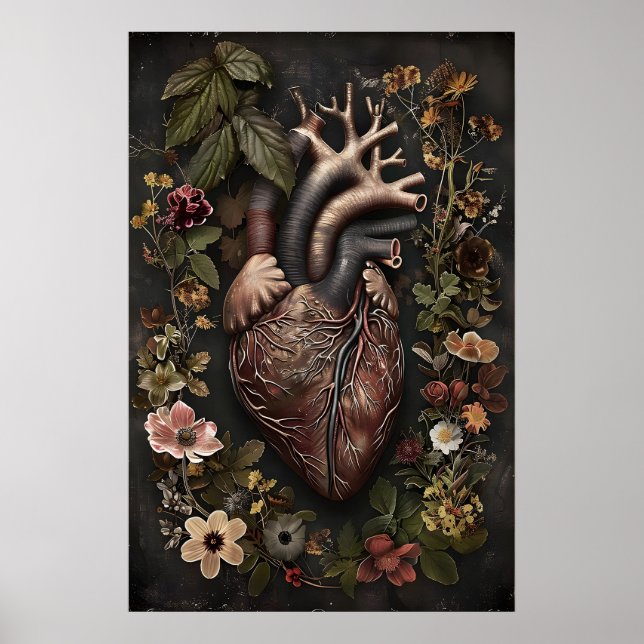 Anatomiskt hjärta och blommor tryck, Mörk akademi Poster (Framsidan)