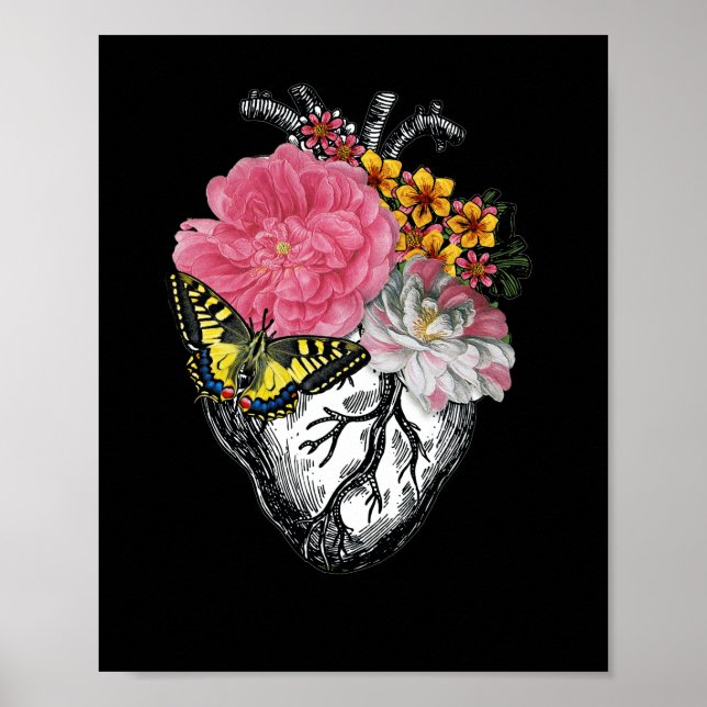 Anatomiskt hjärta och blommor visar Kärlek Poster (Framsidan)