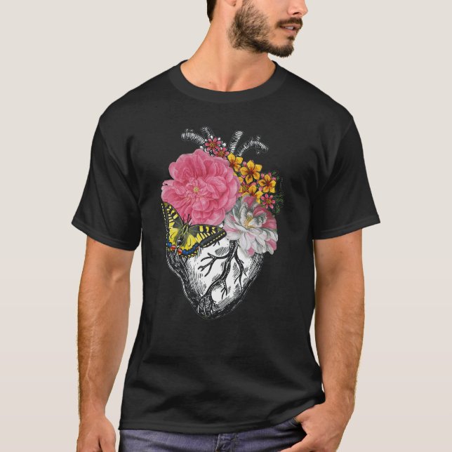 Anatomiskt hjärta och blommor visar Kärlek T Shirt (Framsida)