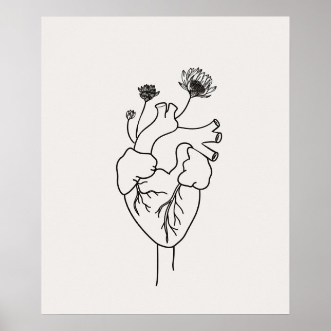 Anatomiskt Hjärtblommor svart minimalistisk konst Poster (Framsidan)