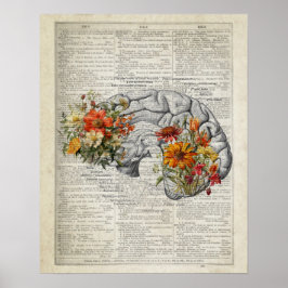 Anatomy Brain Blommigt Dictionary Art Collage Poster