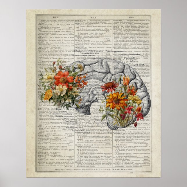 Anatomy Brain Blommigt Dictionary Art Collage Poster (Framsidan)
