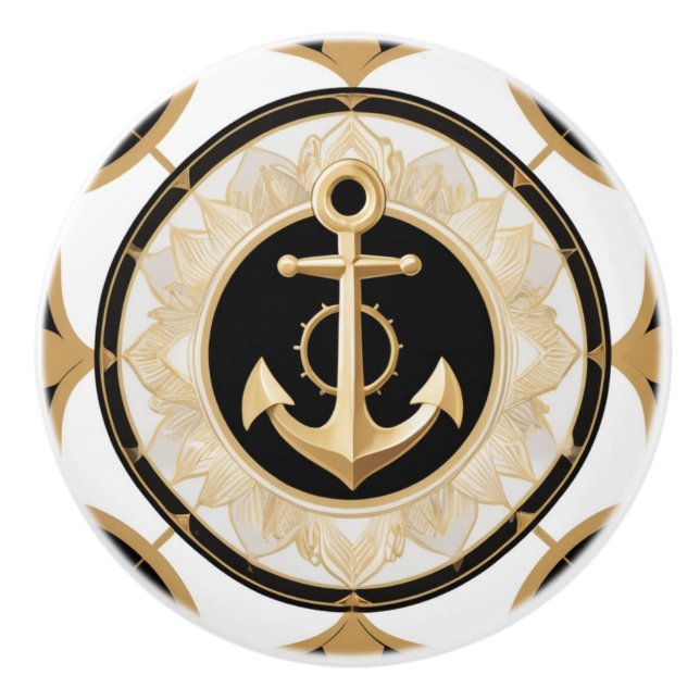 Anchor Art Deco Black White och Guld Nautical Knopp (Framsidan)
