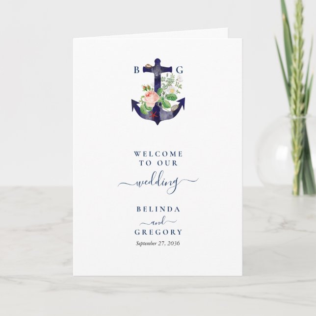 Anchor Blommigt Nautical Bröllop Order of Service Program (Framsida)
