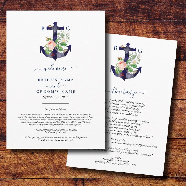 Anchor Blommigt Nautical Summer Bröllop Intererary Program (Anchor Floral Nautical Summer Wedding Itinerary Program)