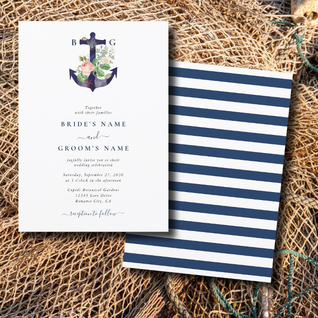 Anchor Botanias Blommigt Nautical Summer Bröllop Inbjudningar (Anchor Botanical Floral Nautical Summer Wedding Invitation)