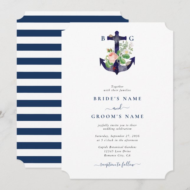 Anchor Botanias Blommigt Nautical Summer Bröllop Inbjudningar (Fram/baksida)
