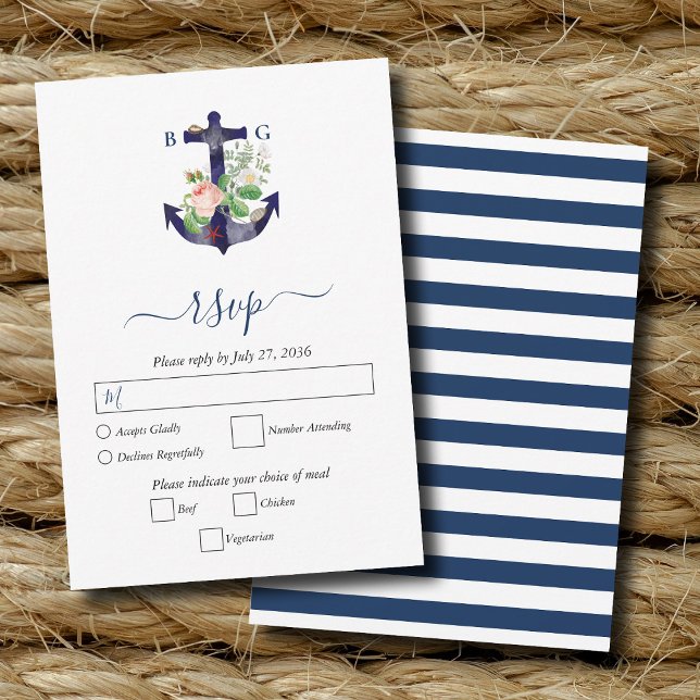 Anchor Botanias Blommigt Nautical Summer Bröllop OSA Kort (Anchor Botanical Floral Nautical Summer Wedding RSVP Card)