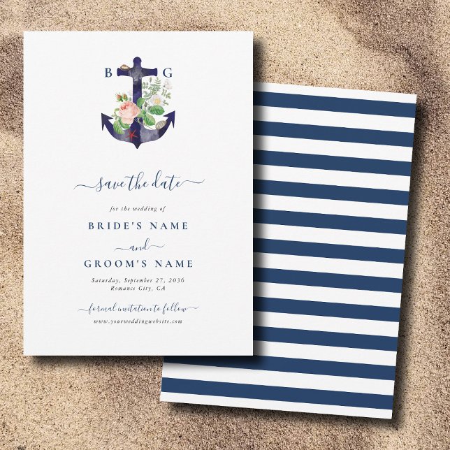 Anchor Botanias Blommigt Nautical Summer Bröllop Spara Datumet (Anchor Botanical Floral Nautical Summer Wedding Save The Date)