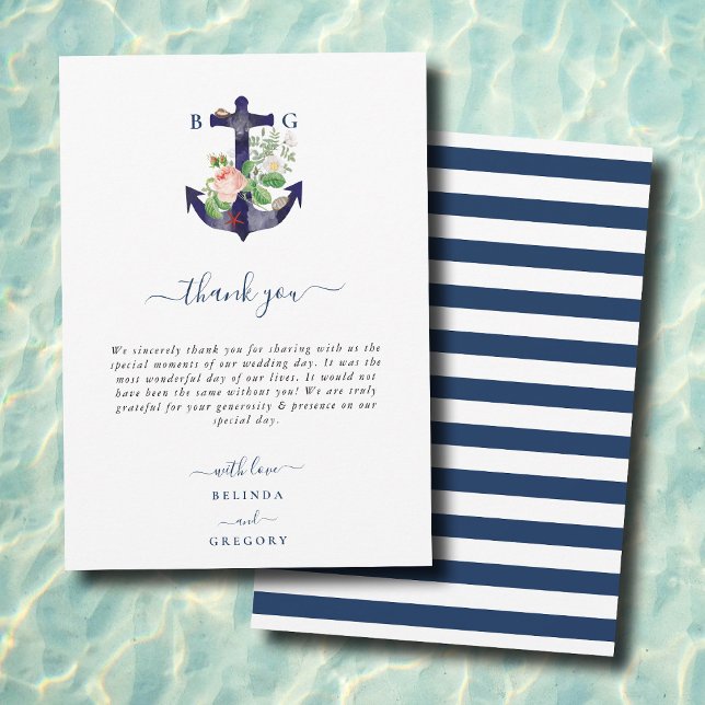 Anchor Botanias Blommigt Nautical Summer Bröllop Tack Kort (Anchor Botanical Floral Nautical Summer Wedding Thank You Card)
