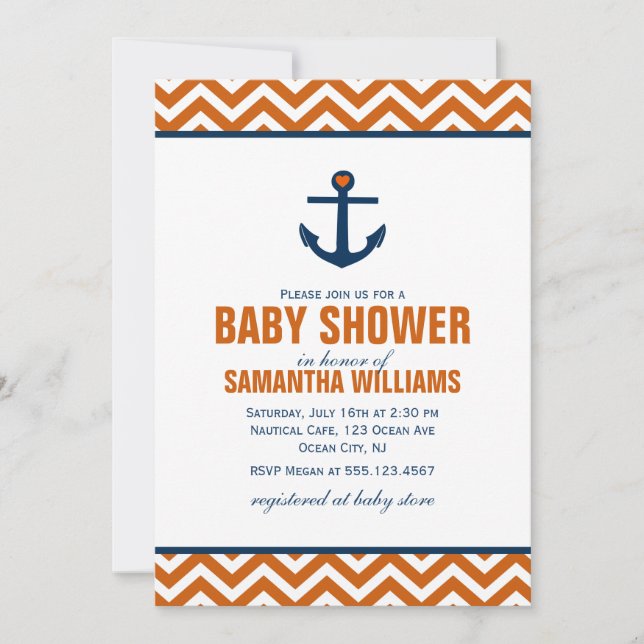 Anchor & Chevrons Nautical Baby Shower {tangerine} Inbjudningar (Framsida)