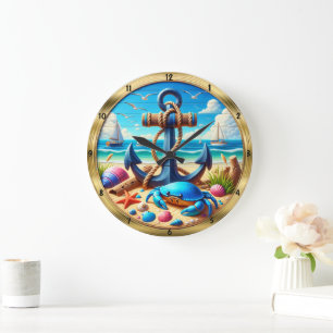 Anchor Crab Beach Nautical Stor Klocka