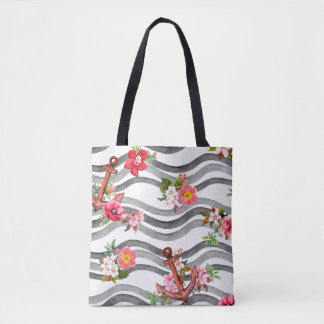 Anchor, flowers and sea waves. Seamless pattern wi Tygkasse