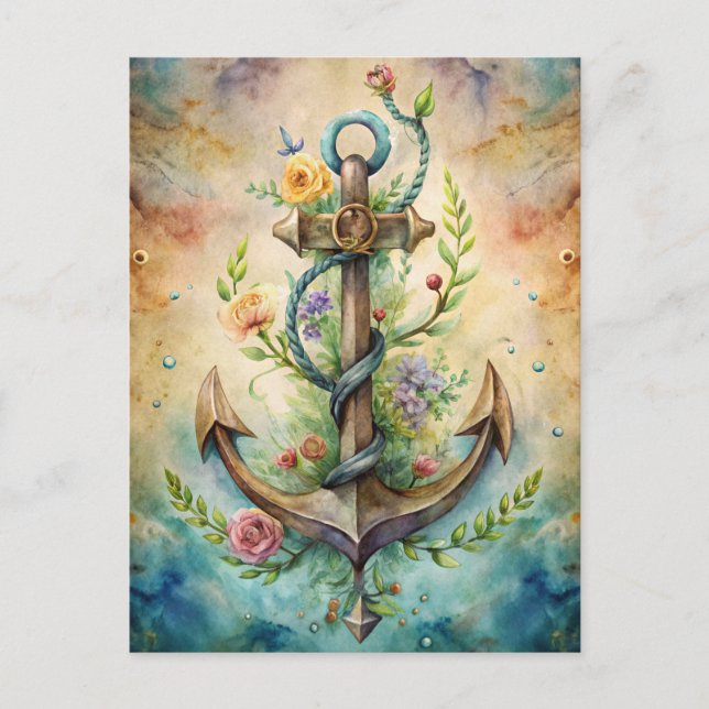 Anchor Flowers Ocean Nautical Pastel Coastal Vykort (Framsida)