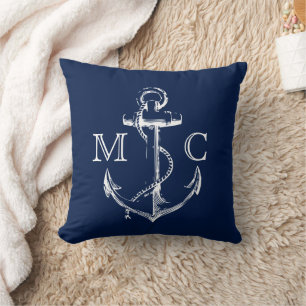 Anchor för marin monogram Nautical White Sketch Kudde