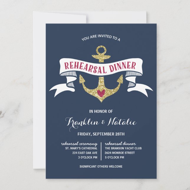 Anchor Glitter-look Nautical Rehearsal Dinner Inbjudningar (Framsida)