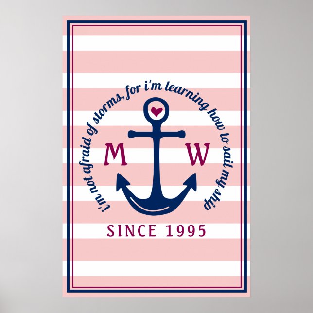 Anchor Heart Rosa Rand Nautical Monogram Logotyp Poster (Framsidan)