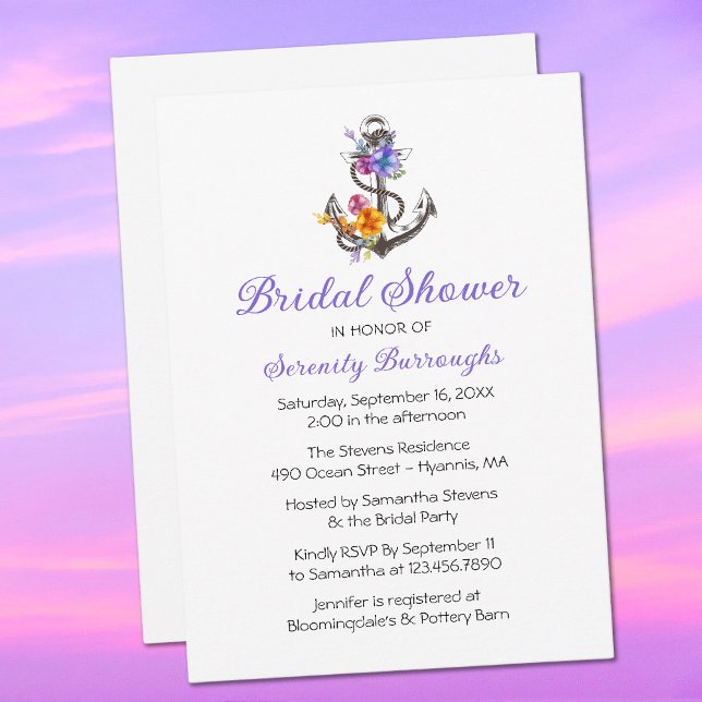 Anchor Lila Blommigt Nautical Möhippa Inbjudningar (Skapare uppladdad)
