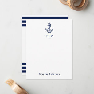 Anchor Monogram & Namn Navy Blue & White Rand Anteckningskort