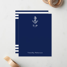 Anchor Monogram & Namn Navy Blue & White Rand Anteckningskort