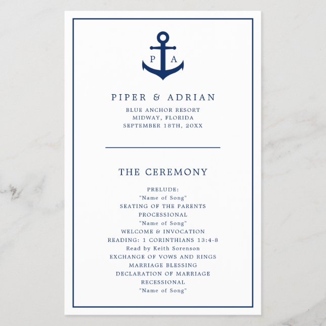 Anchor Monogram Nautical Budget Bröllopsprogram (Framsidan)