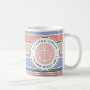 Anchor Monogram Trendig Rand Rosa Nautical Beach Kaffemugg