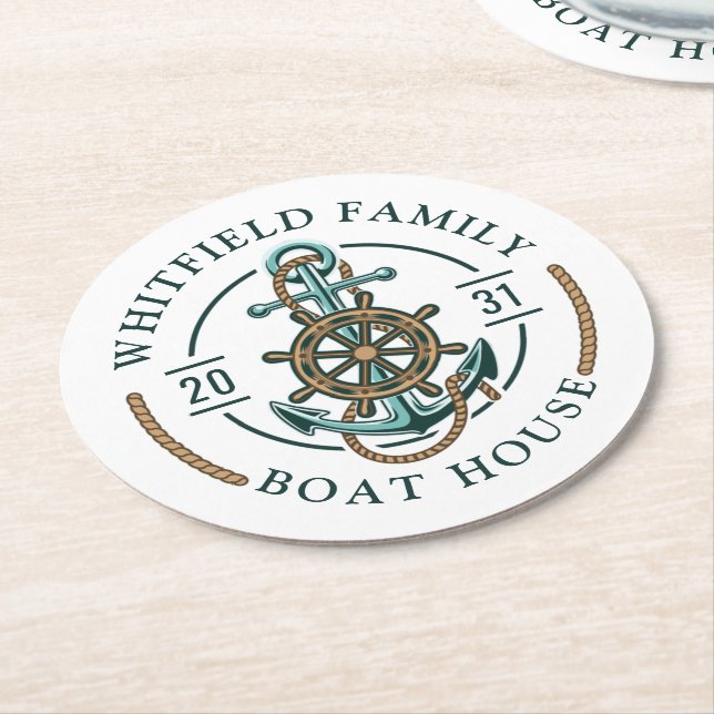 Anchor Nautical Boat Wheand Rope Family Underlägg Papper Rund (Vinklad)