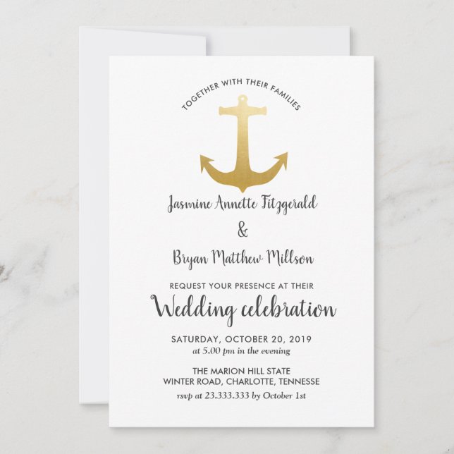Anchor Nautical Faux Gold Foil| Oceanen Bröllop Inbjudningar (Framsida)