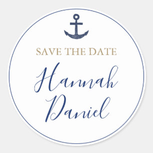Anchor Nautical Navy Blue Bröllop spara datum Runt Klistermärke