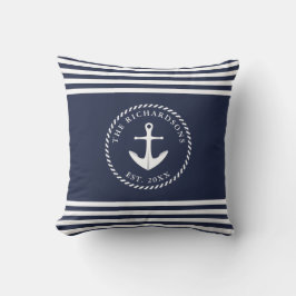 Anchor Navy Blue and White Stripe Coastal Stil Kudde