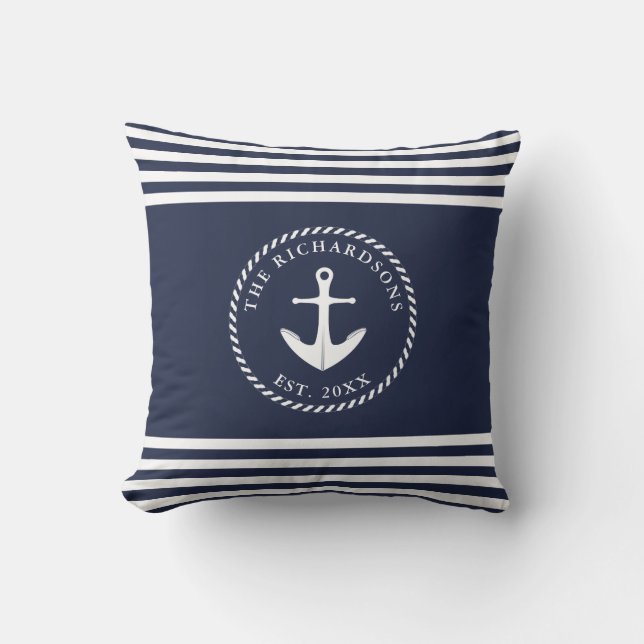 Anchor Navy Blue and White Stripe Coastal Stil Kudde (Framsida)