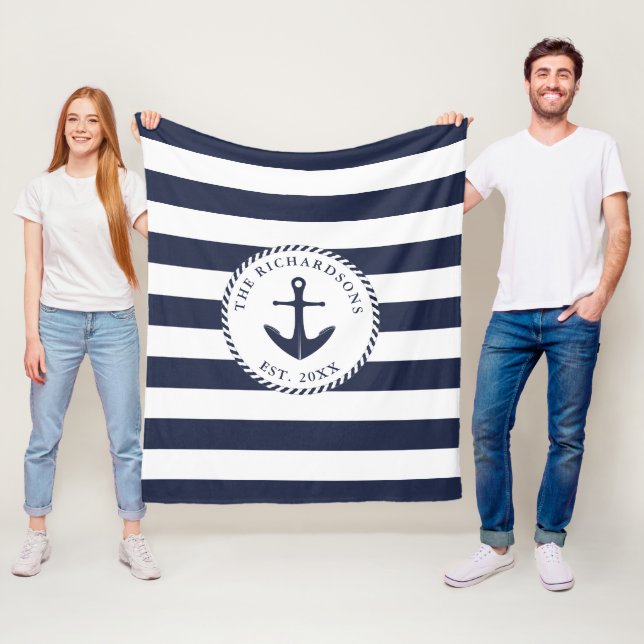 Anchor Navy Blue and White Stripe Nautical Family Fleecefilt (På plats)