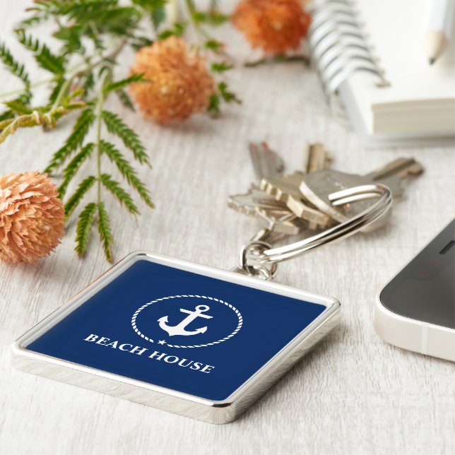 Anchor Navy Blue Fyrkantig Silverfärgad Nyckelring (Sidan)