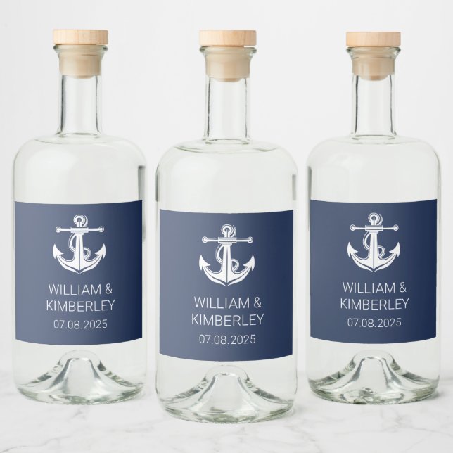 Anchor Navy Blue Nautical Elegant bröllop Spritflaskor Etikett (Flaskor)
