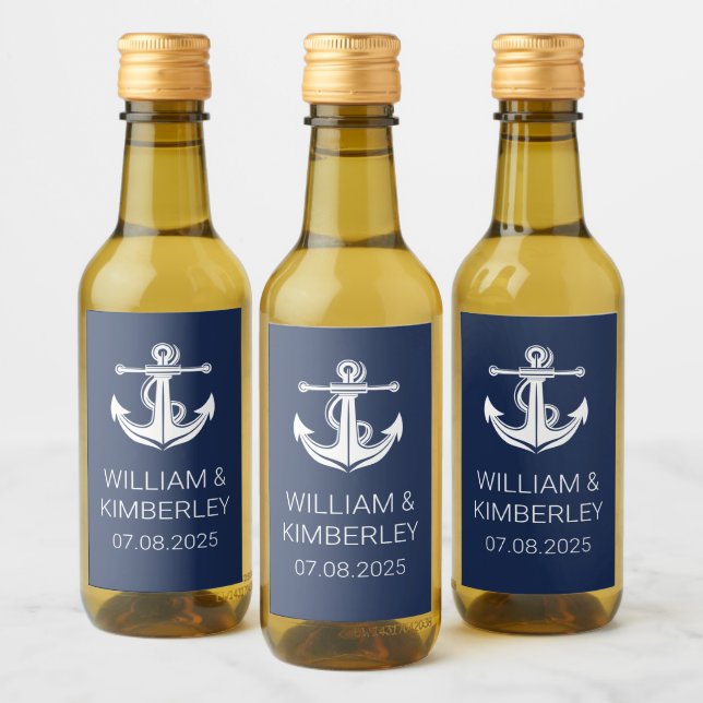 Anchor Navy Blue Nautical Elegant bröllop Vinetikett (Flaskor)